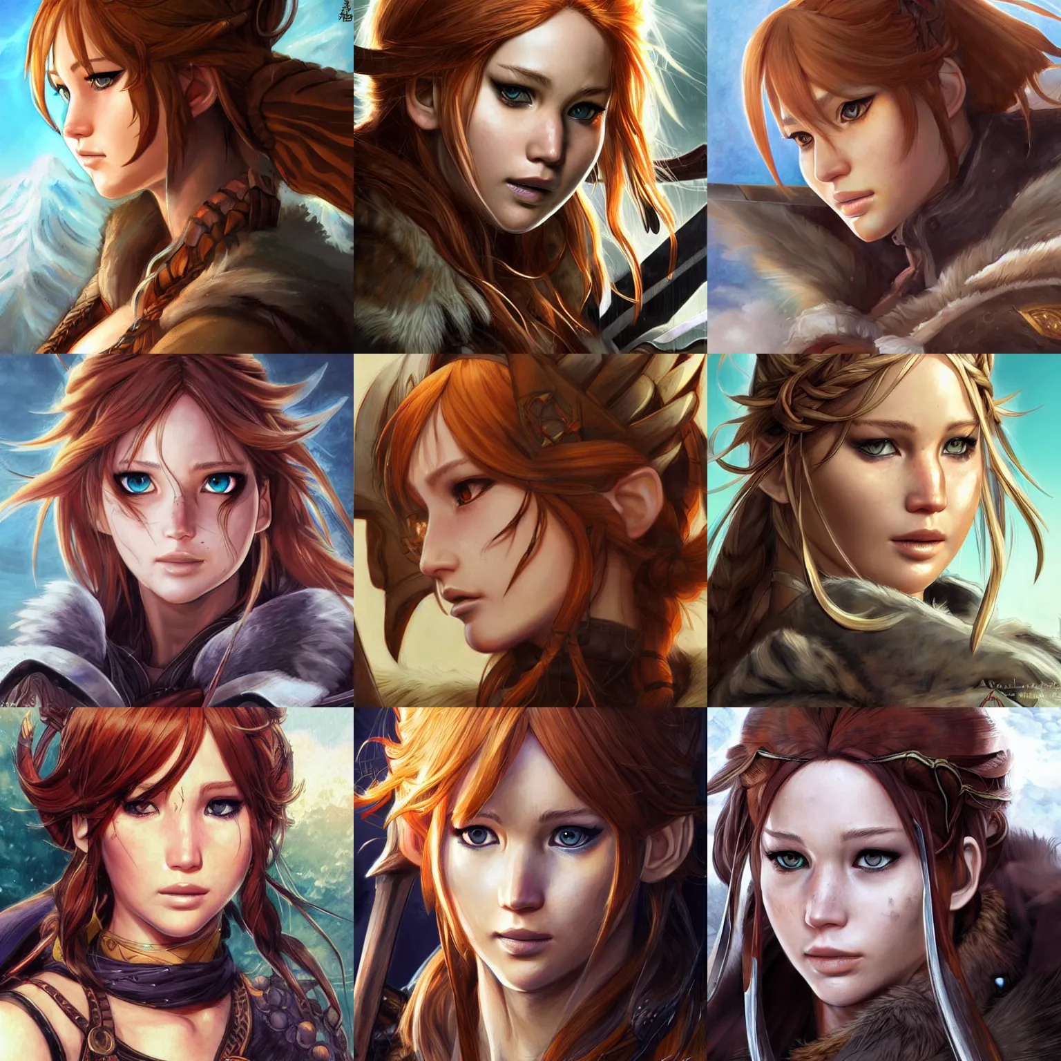 Prompt: A close-up anime portrait of Jennifer Lawrence as Aela the Huntress from Skyrim, by a professional manga illustrator, Stanley Artgerm Lau, WLOP, Rossdraws, James Jean, Andrei Riabovitchev, Marc Simonetti, and Sakimichan, tranding on artstation