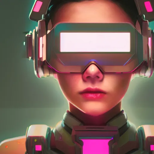 Image similar to cyberpunk concept cool girl cyborg bot, cinema 4 d, galaxy, ufo, space sci - fi, wearing vr goggles, illustration, portrait, pastel neon textured background night, trending on artstation, greg rutkowski, octane rendered, 1 2 k, detailed,