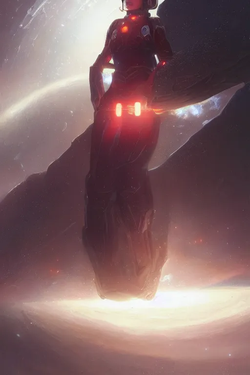 Prompt: A full portrait of a scifi heavy deep space freighter pilot, by Raymond Swanland Greg Rutkowski Lise Deharm, {perfect face}, {perfect eyes}, elegant regal posture