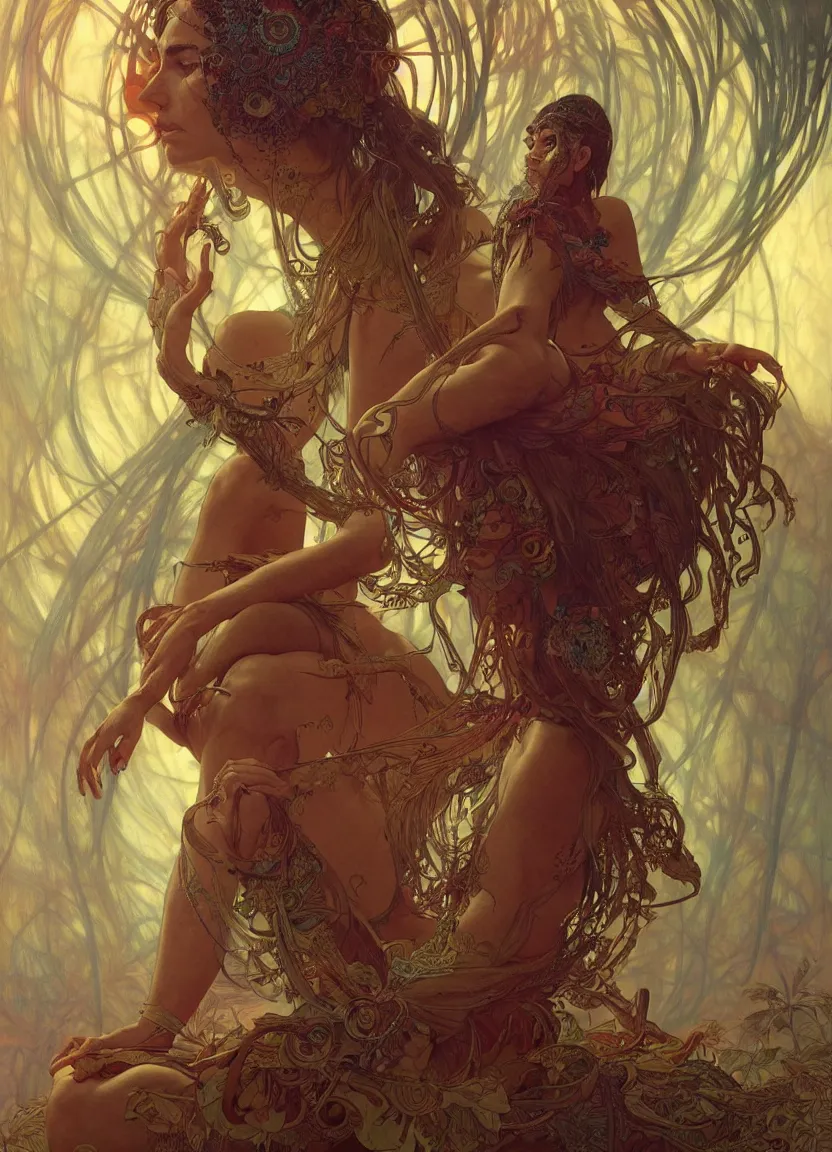 Image similar to psychedelic shaman, meditating and levitating, intricate, elegant, highly detailed, digital painting, artstation, concept art, matte, sharp focus, illustration, art by artgerm and greg rutkowski and alphonse mucha