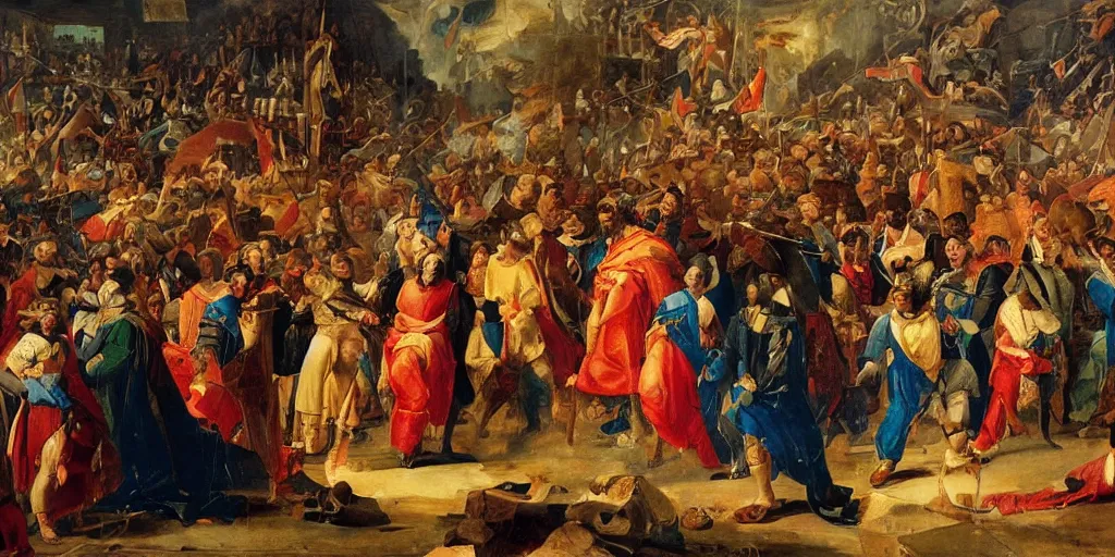 Prompt: rennaisance painting of a king being dethroned by an angry mob, room is burning