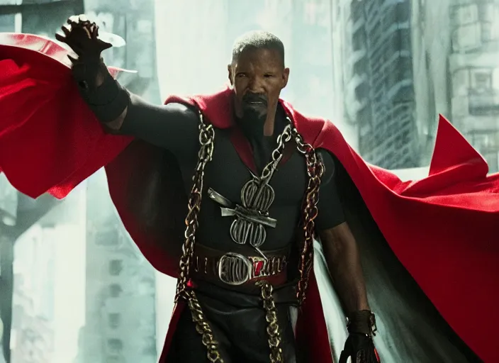 Image similar to film still of jamie foxx as spawn in the new spawn movie, giant chains, large cape, 8 k