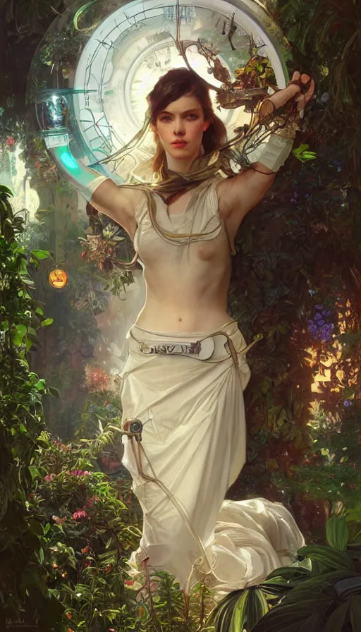 Image similar to hyper realistic time machine schematics, cyberpunk, design on white background, beautiful details, lush foliage, drawn by john singer sargent, tom bagshaw, norman rockwell, alphonso mucha, lolish, trending on artstation