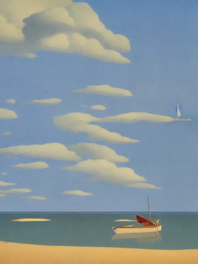 Prompt: a boat on stylized water at bassin d'arcachon a sand dune in the background with the sky above, australian tonalism, pale gradients design, matte drawing, clean and simple design, outrun color palette. a vintage neo retro poster painted by Morandi, Agnes Pelton