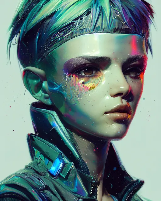 Prompt: detailed portrait Young Gangster Girl cyberpunk futuristic (neon) corporate styled hair Reflective holographic puffy cybernetic coat, decorated traditional ornaments by Christophe Young ismail inceoglu dragan bibin hans thoma greg rutkowski Alexandros Pyromallis Nekro Rene Margitte illustrated Perfect face, fine details, realistic shaded, fine-face, pretty face