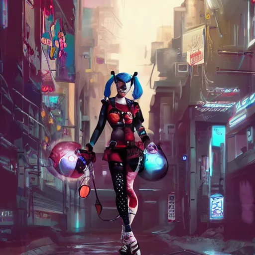 Prompt: Harley Quinn in a cyberpunk street, concept art, digital art, well detailed, trending on artstation, 8k