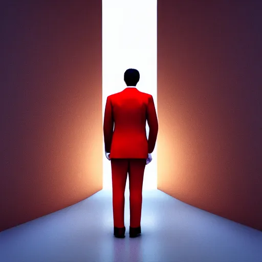 Prompt: a man with an elegant red suit, photography, 3 d render, at night, buildings