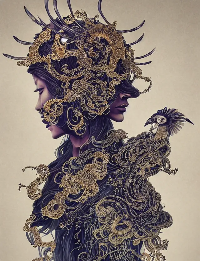 Image similar to goddess portrait with mask and crown made of ram skull. beautiful intricately detailed japanese crow kitsune mask and clasical japanese kimono. betta fish, jellyfish phoenix, bioluminescent, plasma, ice, water, wind, creature, super intricate ornaments artwork by tooth wu and wlop and beeple and greg rutkowski