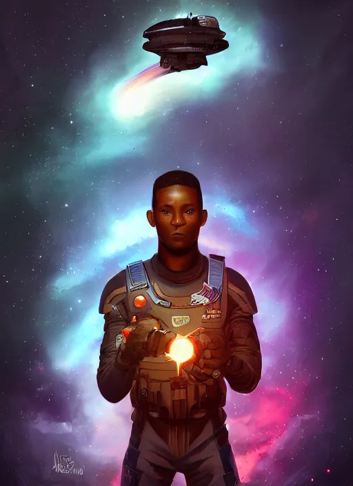 Prompt: space soldier, handsome young black male in front of exploding nebulae, digital illustration trending on artstation by artgerm and rutkowski