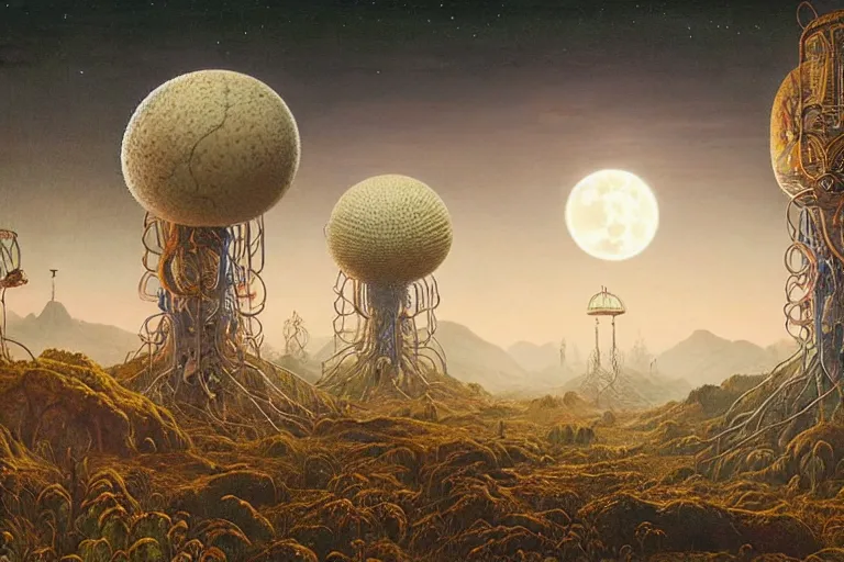 Prompt: a surreal and awe - inspiring science fiction landscape made of food, egg full moon, intricate, elegant, highly detailed matte painting by ernst haeckel and simon stalenhag