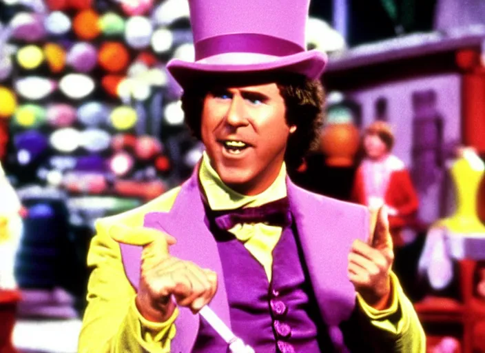 Prompt: film still of Will Ferrell as Willy Wonka in Willy Wonka and the Chocolate Factory 1971