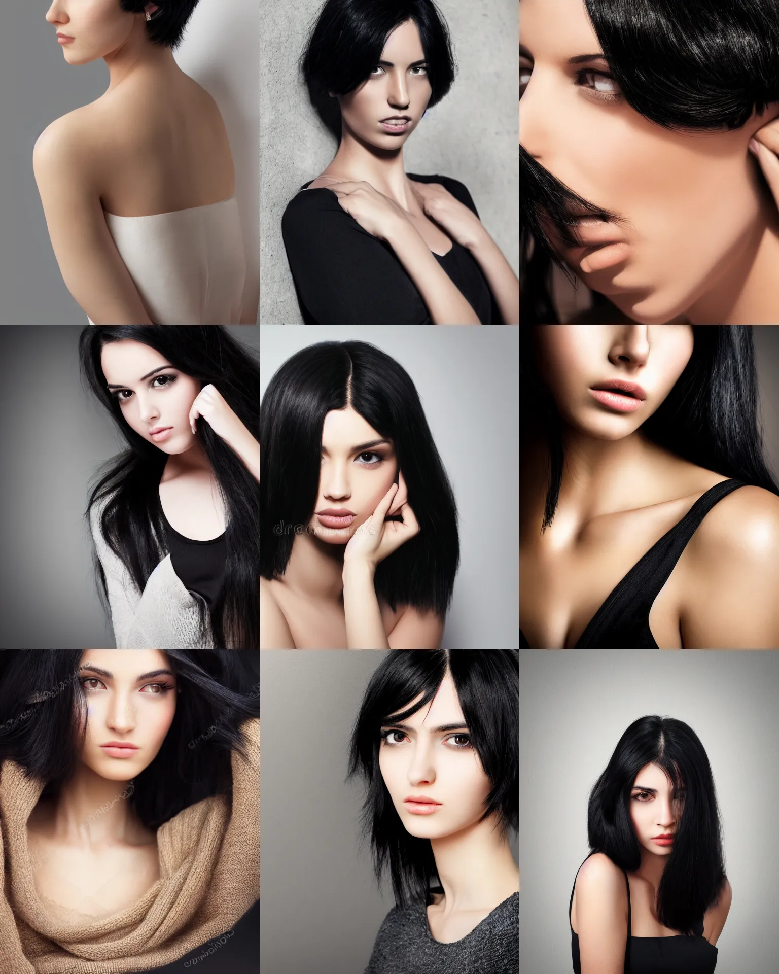 Prompt: black haired model beauty half body portrait sharp details soft light