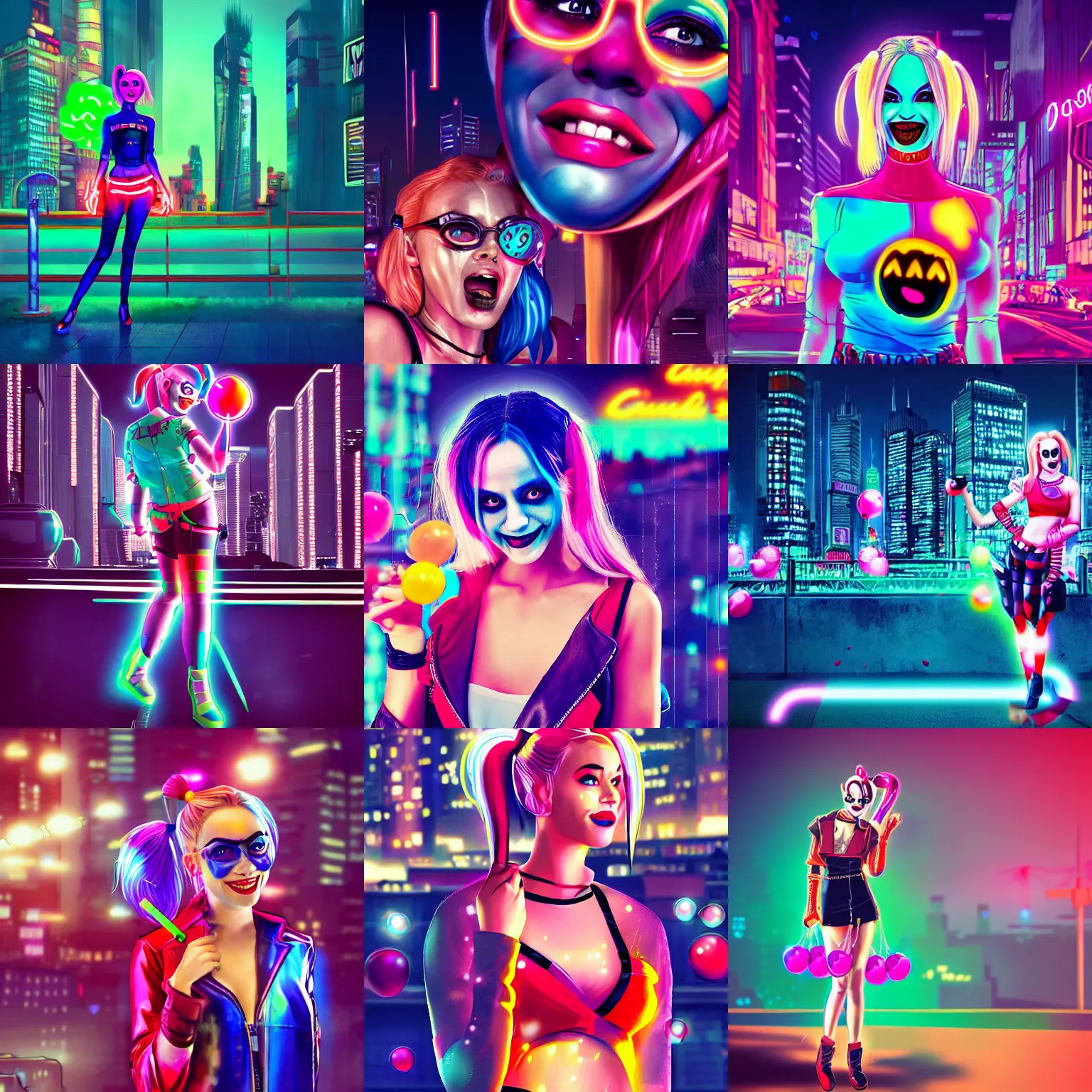 Prompt: harley quinn standing, smiling softly, blowing bubblegum, medium distance shot, cyberpunk setting, beautiful cityscape background, neon signs, vibrant colors, holograms, 4k, digital art