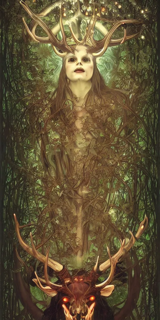 Image similar to intense bioluminescent pagan god with antlers and fangs and intense glowing eyes with a bull skull in very dark forest by mark ryden and alphonse mucha, portrait, fantasy, clear, light beams, lens flare, intense, uhd, amazing depth, cinematic lighting