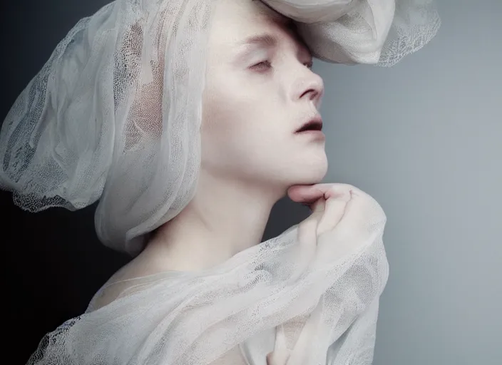 Image similar to nails and needles sticking out of a stupid head, in style of paolo roversi, britt marling style 3 / 4, a beautiful ethereal lace white robe, 8 k, soft focus, soft light, volumetric lighting, highly detailed realistic, refined, highly detailed, natural outdoor soft pastel lighting colors scheme