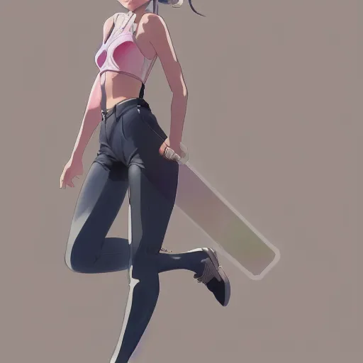 Image similar to a beautiful boyish natalie portman gravure model, wearing oversized pink suspender pants and transparent jet flight backpack, inflatable future shoes, future locomotive style, gapmoe yandere grimdark, trending on pixiv fanbox, painted by greg rutkowski makoto shinkai takashi takeuchi studio ghibli, akihiko yoshida,