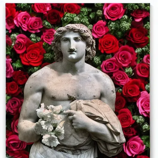 Image similar to portrait of a greek statue buried among the roses in roses, by julia pott