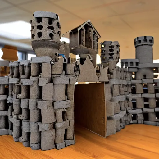 Prompt: castle made out of cardboard pipes, photorealistic, 4 k, canon 1 d, classroom in background