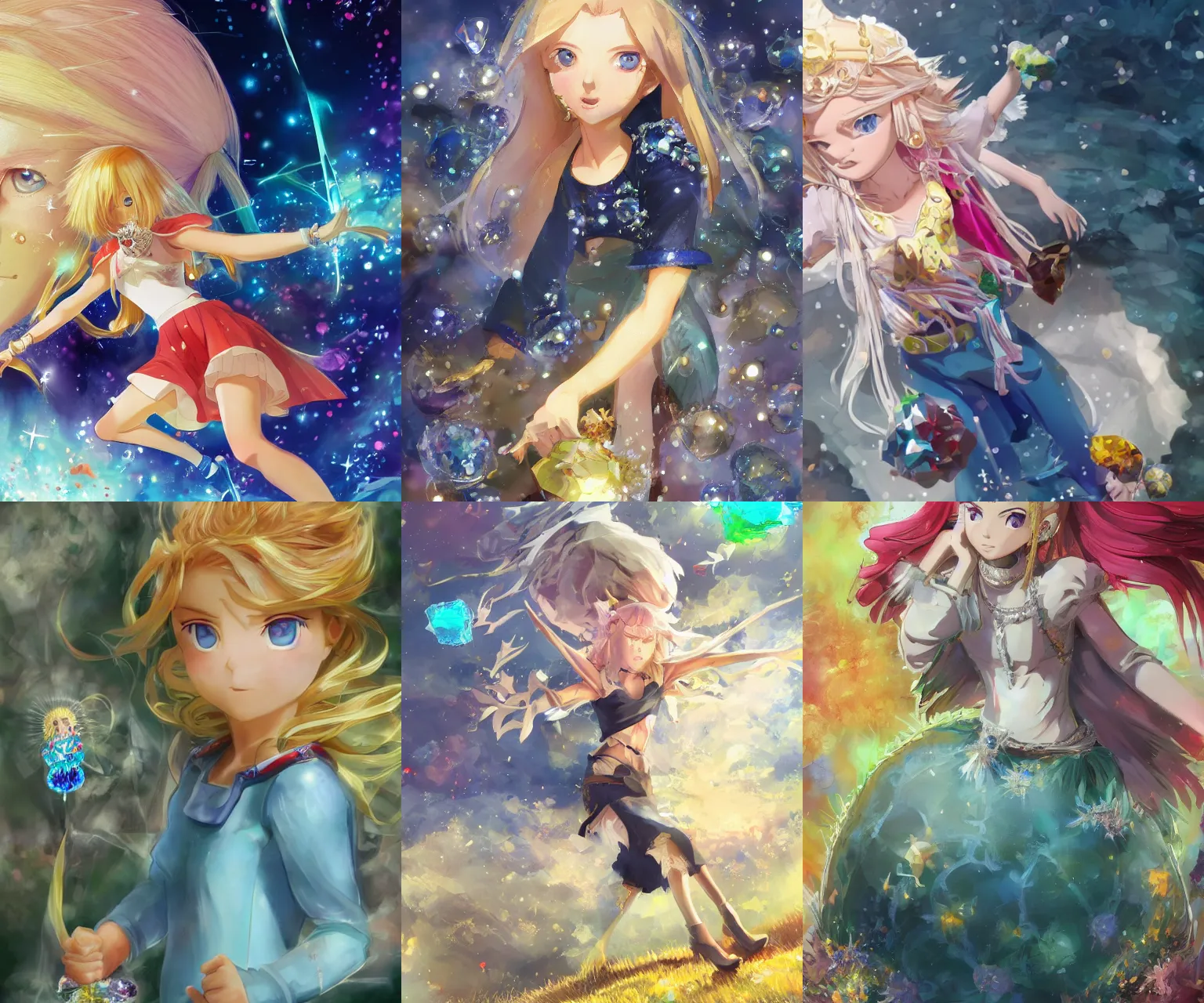 Image similar to young female urchin carrying colorful diamonds and sharp crystals, long blonde hair and blue eyes, white puffy outfit, detailed perfect face, exquisite details, mid view, design on a dark crimson background, by studio muti, greg rutkowski makoto shinkai takashi takeuchi studio ghibli, chaos emeralds