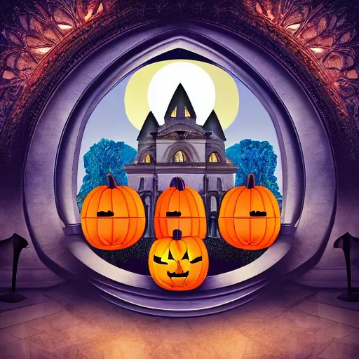 Prompt: large gothic hall with a large pumpkin on the ceiling, moonlight, art station, detailed, colorful, symmetrical