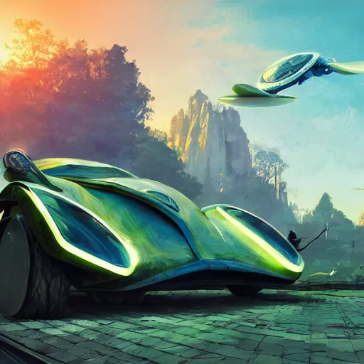 Image similar to solarpunk hovercar, clean energy, green technology, batoidea shape, sunny day, futurism, intricate, engines, glow, highly detailed, peaceful, utopia, digital painting, artstation, concept art, smooth, sharp focus, epic landscape, art by akihiko yoshida and tim mcburnie and anato finnstark