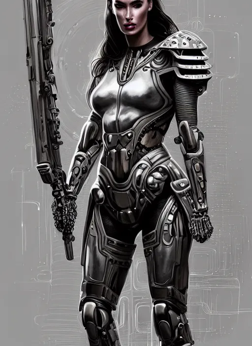 Image similar to portrait of a beautiful female soldier from the future wearing biomechanical armor, megan fox, carrying a rifle, intricate, elegant, glowing lights in armor, highly detailed, digital painting, artstation, glamor pose, concept art, smooth, sharp focus, illustration, epic angle, art by artgerm and greg rutkowski, artey freytag, alvin schwartz