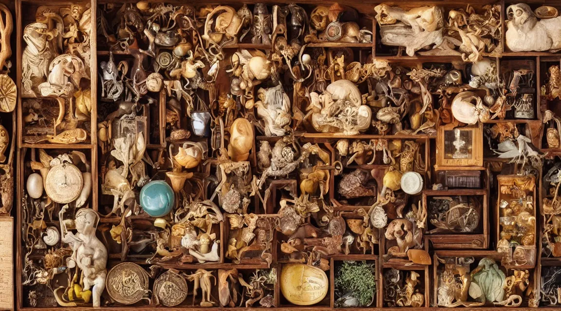 Image similar to wooden box with cabinet of curiosities neatly ordenend with strange natural artifacts and wonders of the world, photo realistic, professional photo, by Steve McCurry