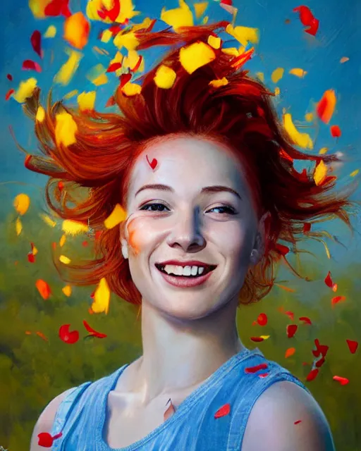 Prompt: A hyper realistic oil portrait of a smiling 20 year old woman with red hair, hair tied in a bun, high contrast, blue skies, flower petals in the air, summer, by Greg Rutkowski, vibrant colors, cheerful atmosphere