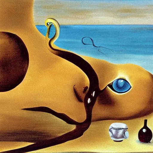 Prompt: a cat laying down on the beach painting by salvador dali