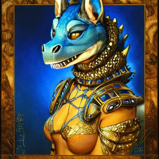 Prompt: a portrait of a female blue dinosaur wearing ornate plastic armor at night in a dark forest. zootopia fursona furaffinity furry art detailed face painting by gaston bussiere craig mullins jc leyendecker gustav klimt artgerm greg rutkowski furry