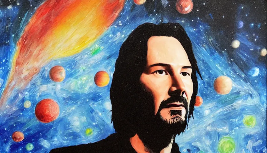 Prompt: portrait of Keanu reeves floating in space with a distressed look on his face, acrylic paint on canvas,