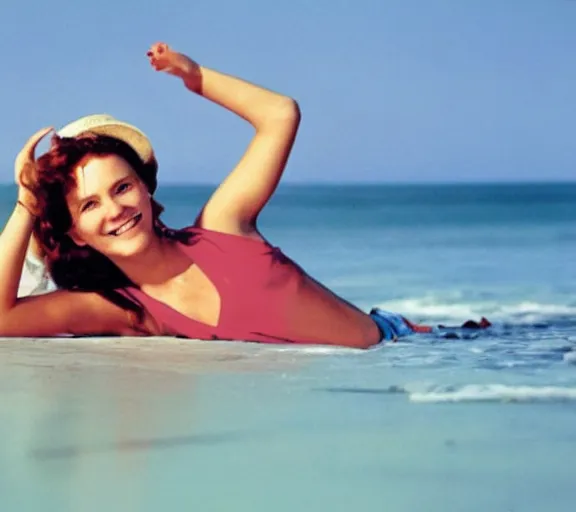 Prompt: color still shot of famous young woman celebrity relaxing on the beach, face closeup, smiling