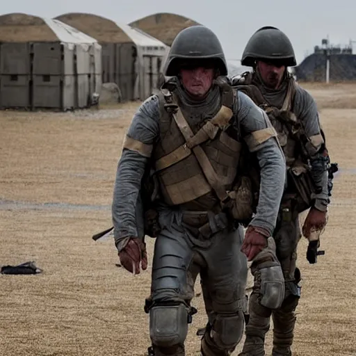 Prompt: British mercenaries wearing grey body armor carrying a wounded soldier, photo by Adam Ferguson, Pulitzer Winning, cinematic composition, breathtaking, modern, 2022