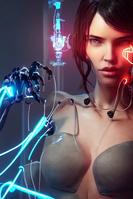 Image similar to Odette Juliette Annable as a beautiful brunette cyberpunk female robot with exposed wires and hoses, neon, character design, whole body, face, photorealistic, octane render, artstation, unreal engine