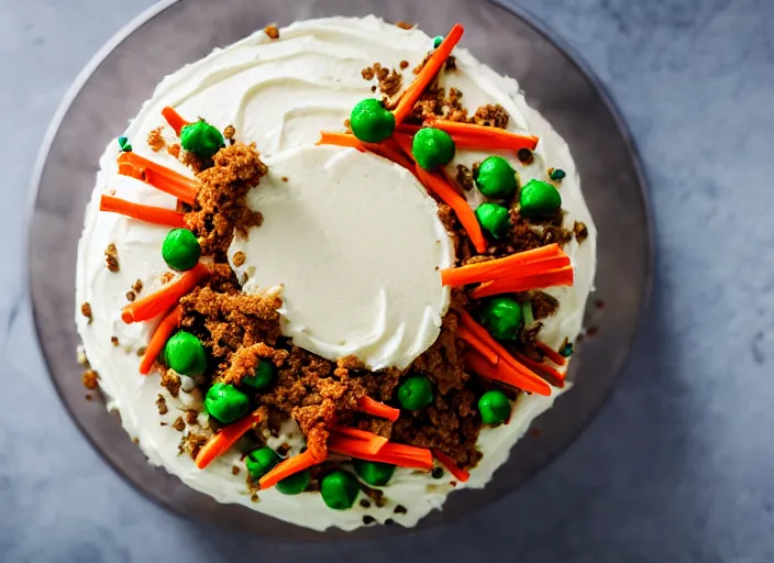 Image similar to dslr food photograph of a birthday cake iced with mashed potatoes and topped with ground beef carrots and peas, 8 5 mm f 1. 8