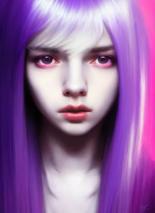 Image similar to hair whitebangs hair, black hair, whitebangs, portrait of teenage girl with white bangs, red irises, purple clothes, white bangs, bangs are different color from hair, intricate, elegant, glowing lights, highly detailed, digital painting, artstation, concept art, smooth, sharp focus, illustration, art by wlop, mars ravelo and greg rutkowski