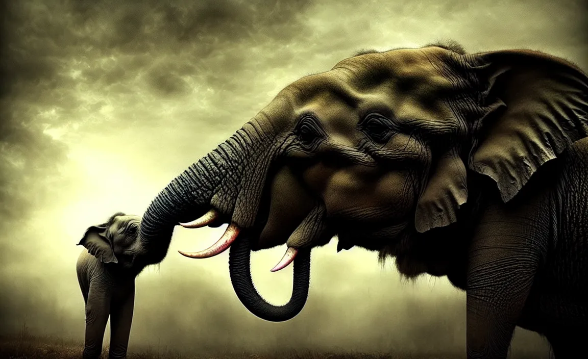 Image similar to epic professional digital art of hungry carnivorous elephant, moody atmospheric lighting, intricate, foreboding, detailed, by leesha hannigan, ayne haag, reyna rochin, ignacio fernandez rios, mark ryden, iris van herpen, artstation, cgsociety, epic, stunning, gorgeous, much wow, cinematic, masterpiece.