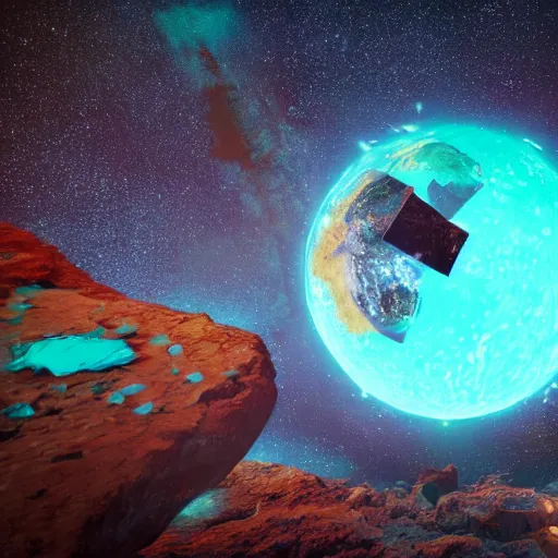Prompt: a planet earth that shatters into pieces in space with a turquoise glow, and lovecraftian horror next to it unreal engine 4 realistic photo