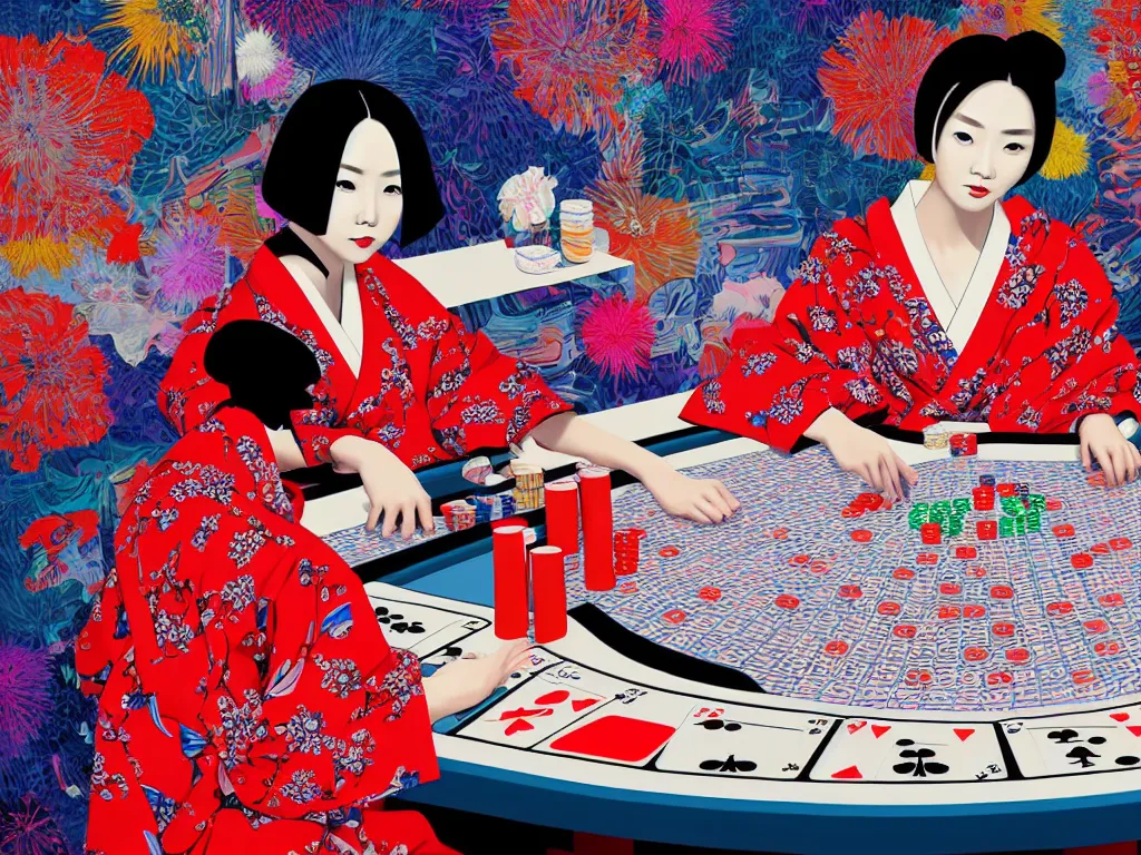 Image similar to hyperrealistim composition of the detailed single woman in a japanese kimono sitting at a extremely detailed poker table with darth vader, fireworks, river on the background, pop - art style, jacky tsai style, andy warhol style, acrylic on canvas