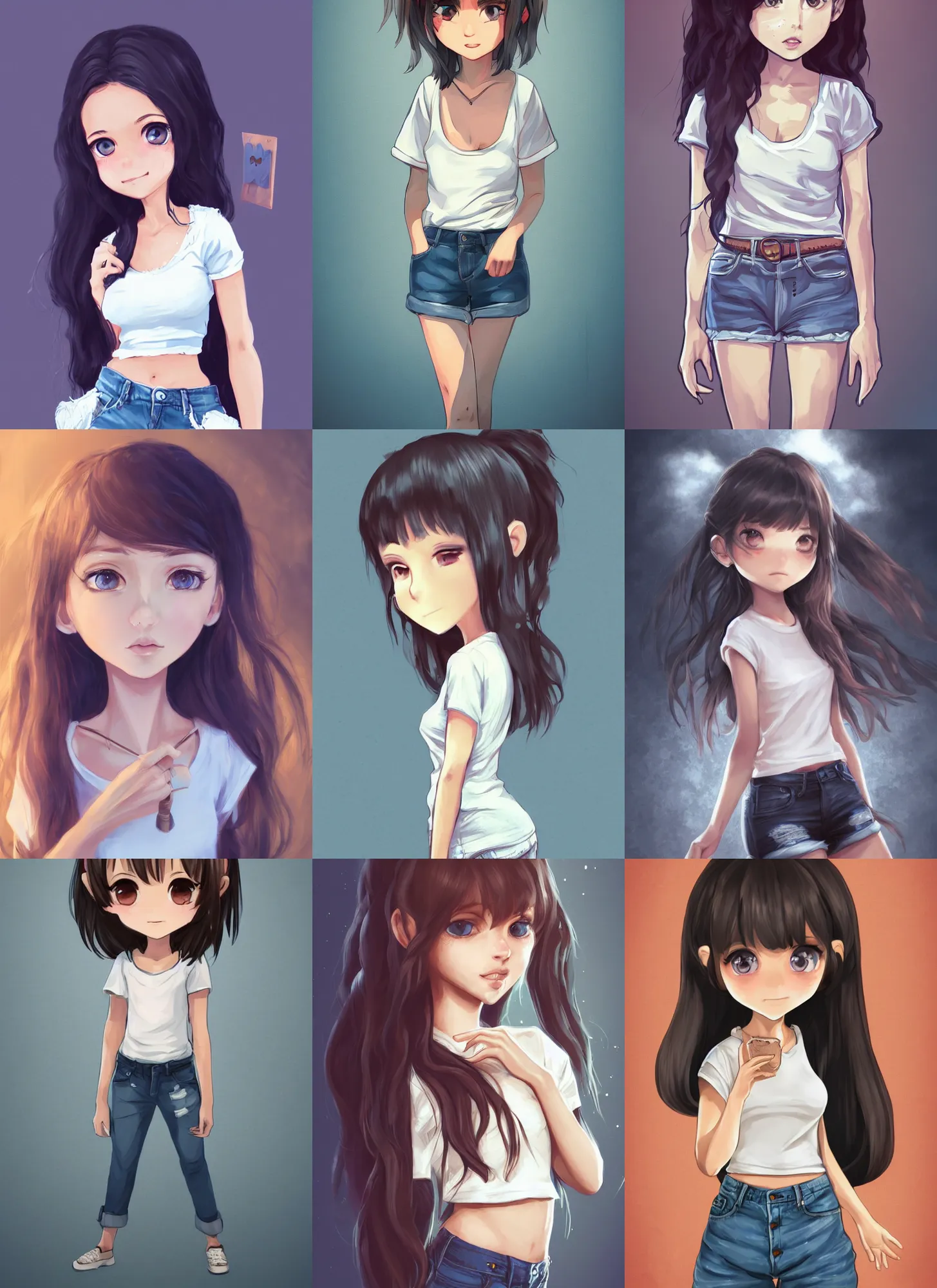 Prompt: a cute girl in a white t - shirt and denim shorts, dark hair, intricate, highly detailed, digital painting, art station, concept art, smooth, sharp focus, illustration, advanced digital chibi art, atmospheric lighting, detailed face, inspired gacha club game