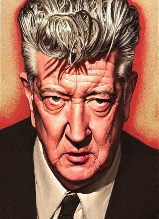 Prompt: portrait of david lynch in heavy metal ( 1 9 8 1 ), highly detailed, centered, solid color background, digital painting, artstation, concept art, smooth, sharp focus, illustration, donato giancola, joseph christian leyendecker, les edwards, ed repka, wlop