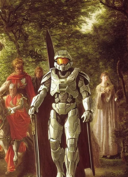 Image similar to halo master chief in a medieval royal procession by pierre auguste cot