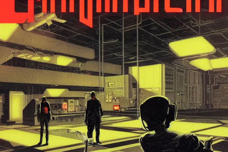 Image similar to a 1979 cover of OMNI magazine depicting an empty warehouse with VR headsets hanging ominously from the ceiling. Neo-Tokyo. Cyberpunk style art by Vincent Di Fate.