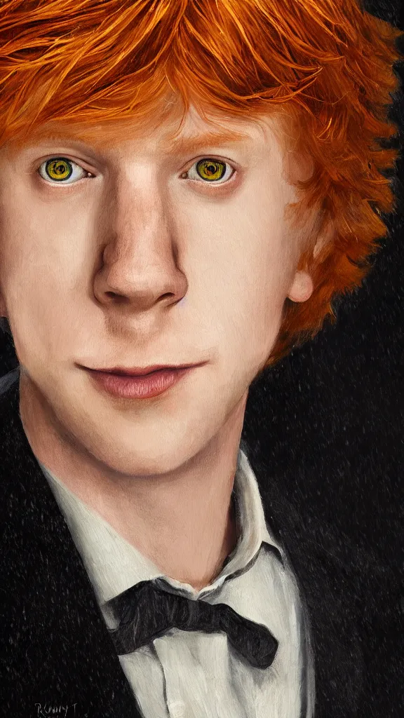 Image similar to a close - up portrait of ron weasley, attending the yule ball. beautiful painting by jim kay. color harmony, 8 k detail, gallery quality, hd wallpaper, premium prints available, hyper - detailed, intricate design.