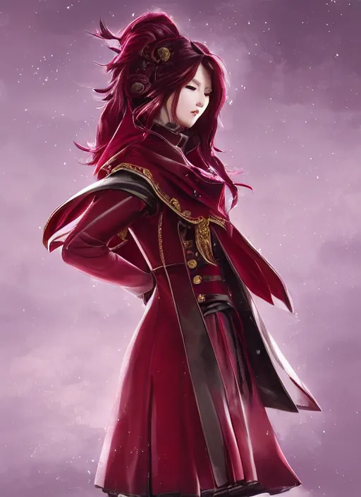 Prompt: a highly detailed illustration of beautiful long dark red haired japanese woman wearing wine red epaulette uniform and coat cape, dramatic wielding strings pose, intricate, elegant, highly detailed, centered, digital painting, artstation, concept art, smooth, sharp focus, league of legends concept art, wlop