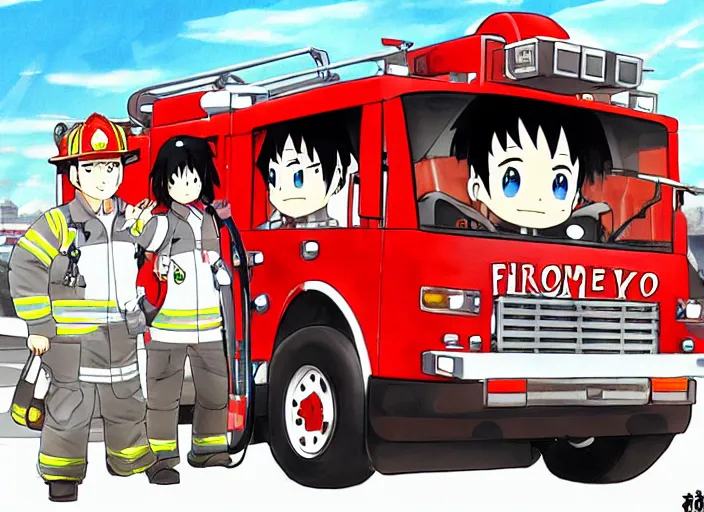 Image similar to firefighter driving a firetruck, anime fantasy illustration by tomoyuki yamasaki, kyoto studio, madhouse, ufotable, trending on artstation