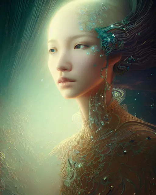 Prompt: fantasy violin, fractal crystal, ((beauty portrait)) by WLOP and Victo ngai, lineage 2 revolution style, unreal engine, beautifully lit, muted colors, highly detailed, fantasy art by Craig Mullins and Thomas Kinkade
