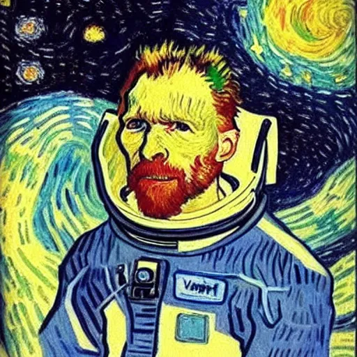 Image similar to Astronaut Lonely in the Galaxy - a painting by Van Gogh. very beautiful, HD detailed. Sad lighting, miserable emotions. The Astronaut is lost in the Galaxy.