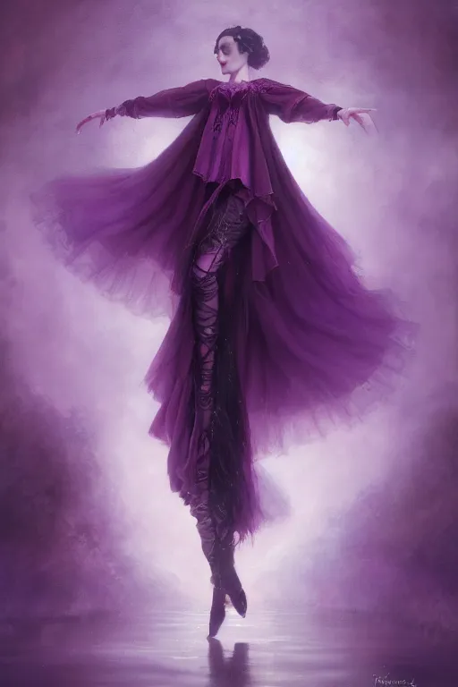 Prompt: goth ballet dripping purple velvet with purple flowers, dramatic lighting, paintings, post processing, painterly, illustration, octane render, hdr, 4 k, 8 k, hd, by edmund blair leighton, brom, charlie bowater, trending on artstation, faces by tom bagshaw, sargent