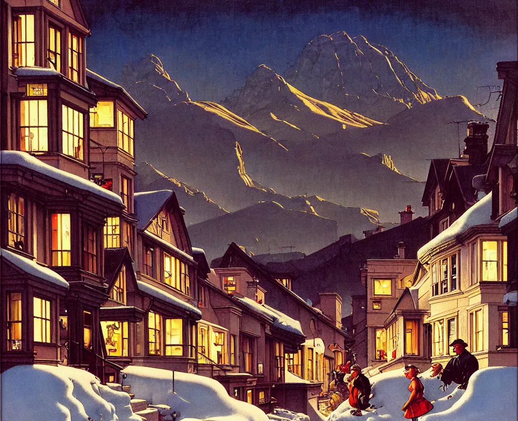 Image similar to in the style of norman rockwell, gerald brom, caravaggio, beautiful small town, houses and buildings, 1 9 5 0 s, evening, lighting in windows, winter, mountains in the distance